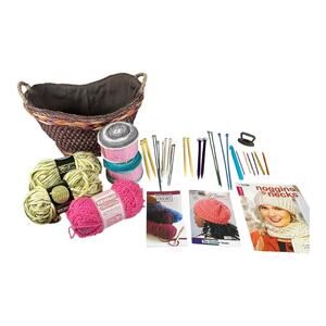 Complete Yarn & Crochet Bundle with Basket – Hooks, Needles, Books & Yarn Lot